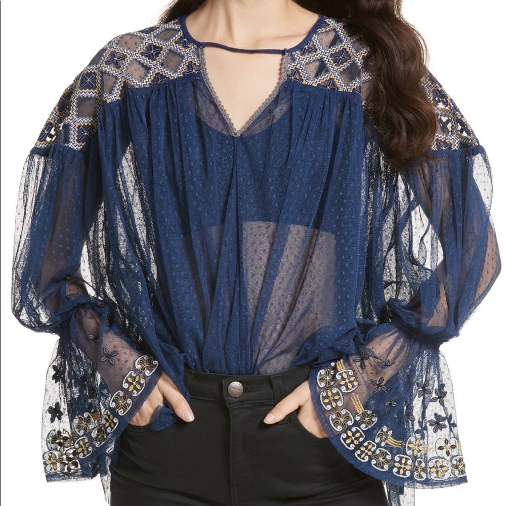 💕NWT FREE PEOPLE JOYRIDE SHEER EMBROIDERED TOP S*